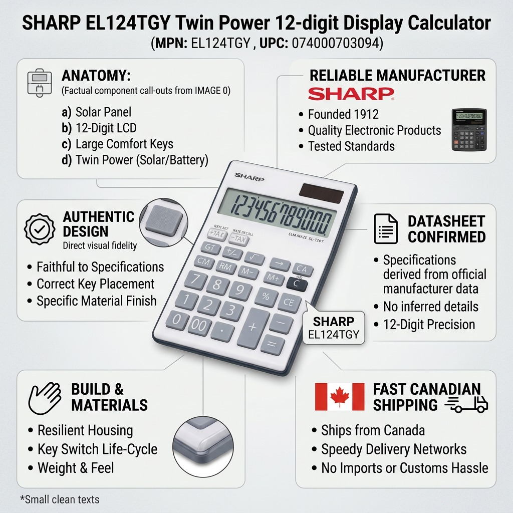 A business trust infographic for the SHARP EL124TGY, emphasizing quality and Canadian shipping.