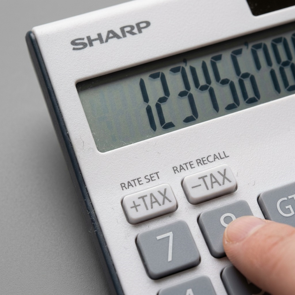 An extreme macro photograph of the SHARP EL124TGY calculator, focusing on the textured key surface, clear screen digits, and logo.