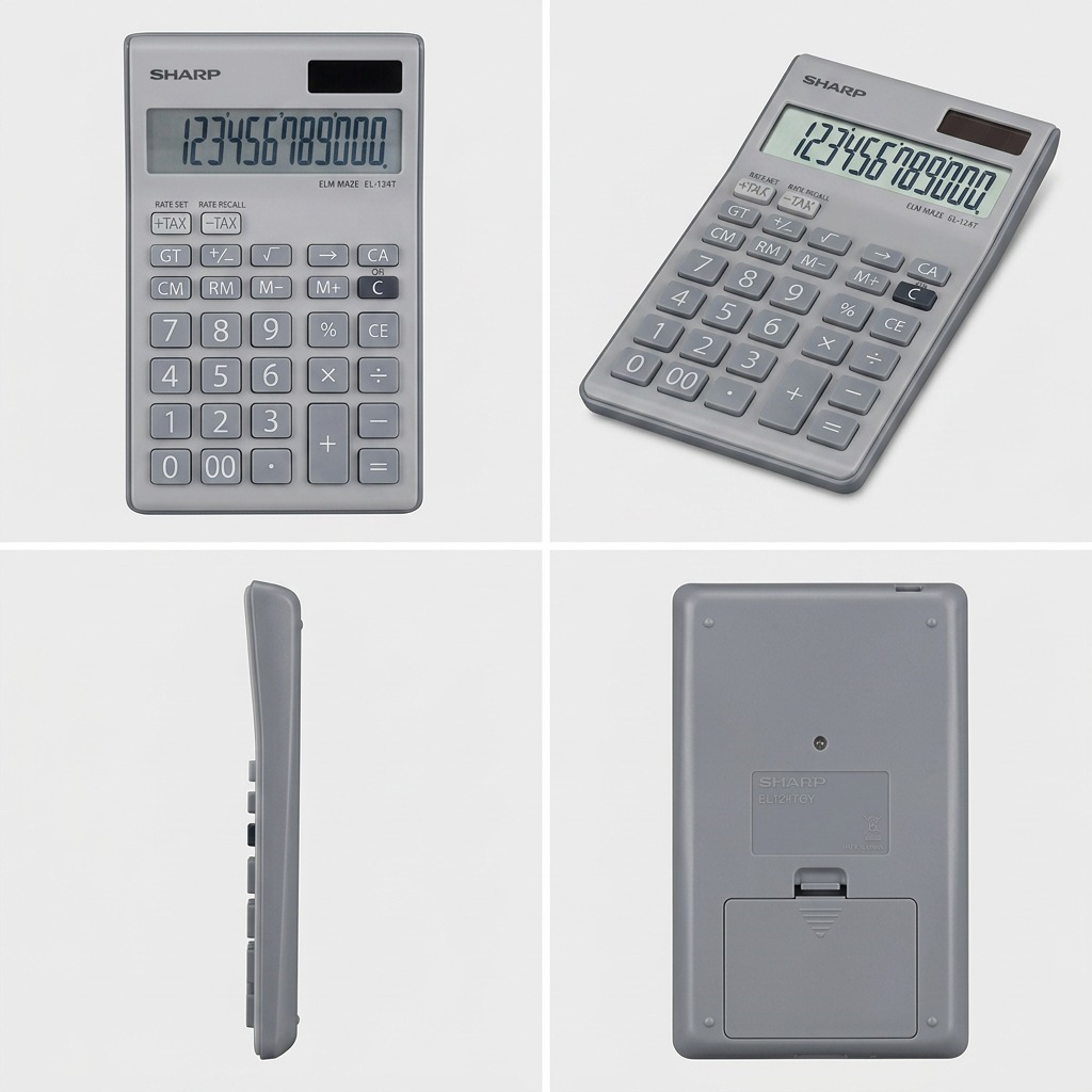 A grid showing the grey SHARP EL124TGY calculator from various angles: front, side, and three-quarter view.