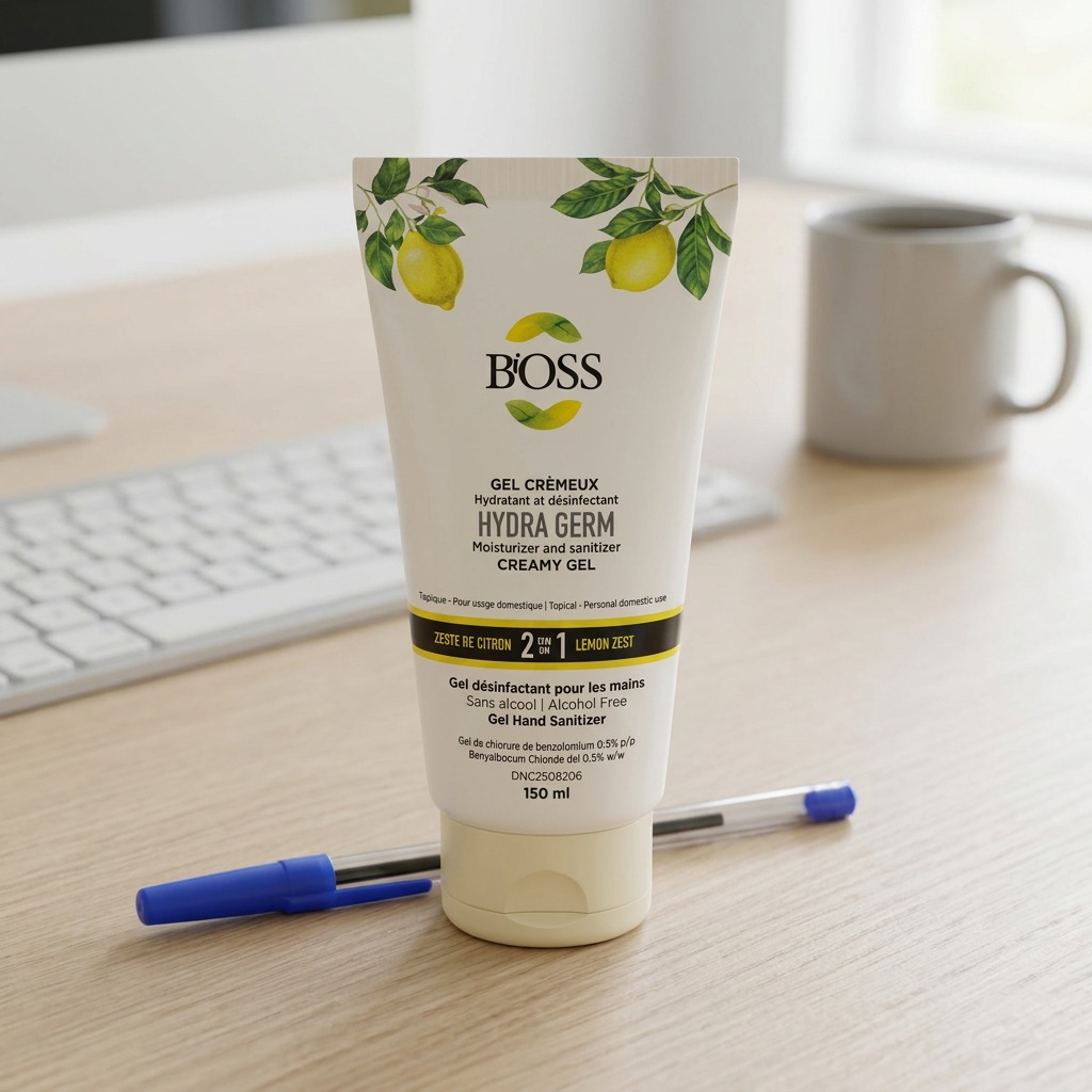 BiOSS Hydra Germ 150ml Lemon Zest 2-in-1 Hand Sanitizer and Moisturizer tube on a white background.