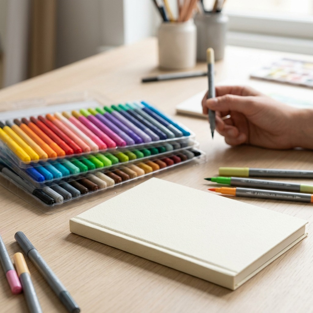 High-resolution hero shot of STAEDTLER double-ended watercolour brush pen set 3001-TB72, 72 colors, on a clean background.