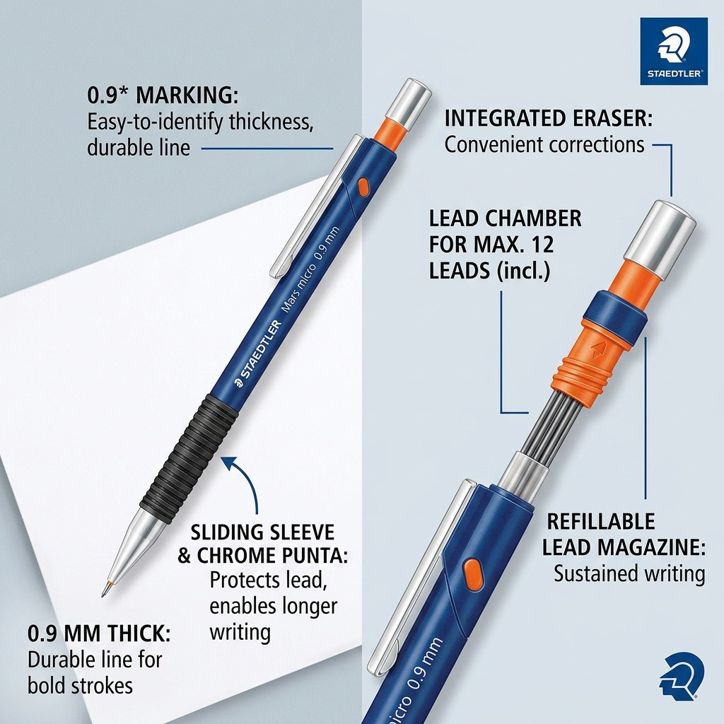 STAEDTLER Mars micro – Porte-mine 0,9 mm, réf. 775-09-03 — caractéristiques illustrées