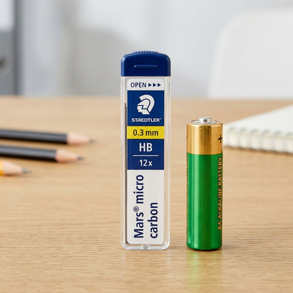A high-resolution product shot of a single STAEDTLER Mars micro 0.3 HB 12x pencil lead container. The slender, white rectangular case has a blue cap, featuring a 'STAEDTLER' Mars head logo and text, '0.3 mm HB' in a yellow bar, '12x' and 'Mars micro carbon' text. Set vertically against a clean white background.