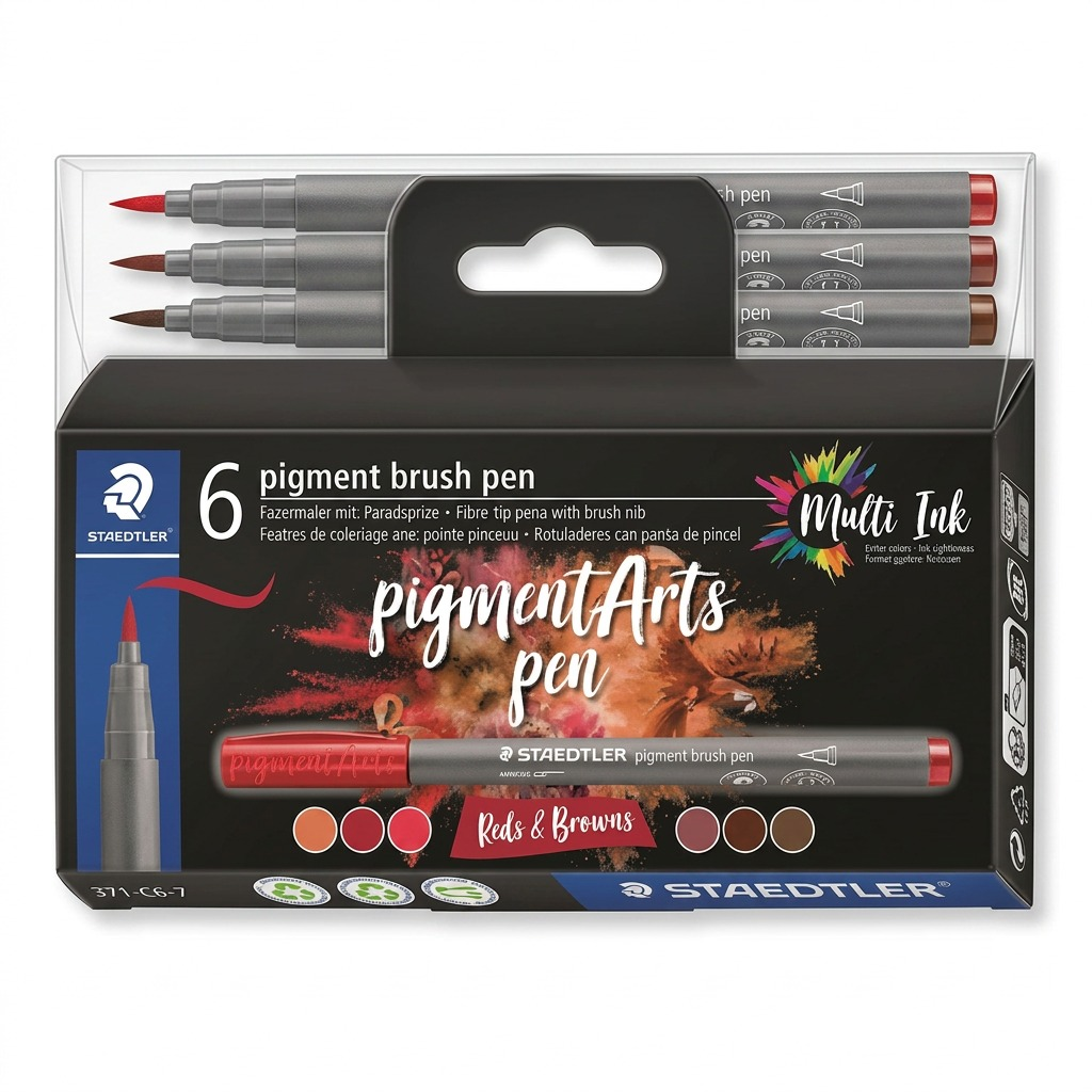 STAEDTLER Pigment Arts Brush – Lot de 6 teintes rouges et brunes, réf. 371-C6-7-10 — vue sur fond clair