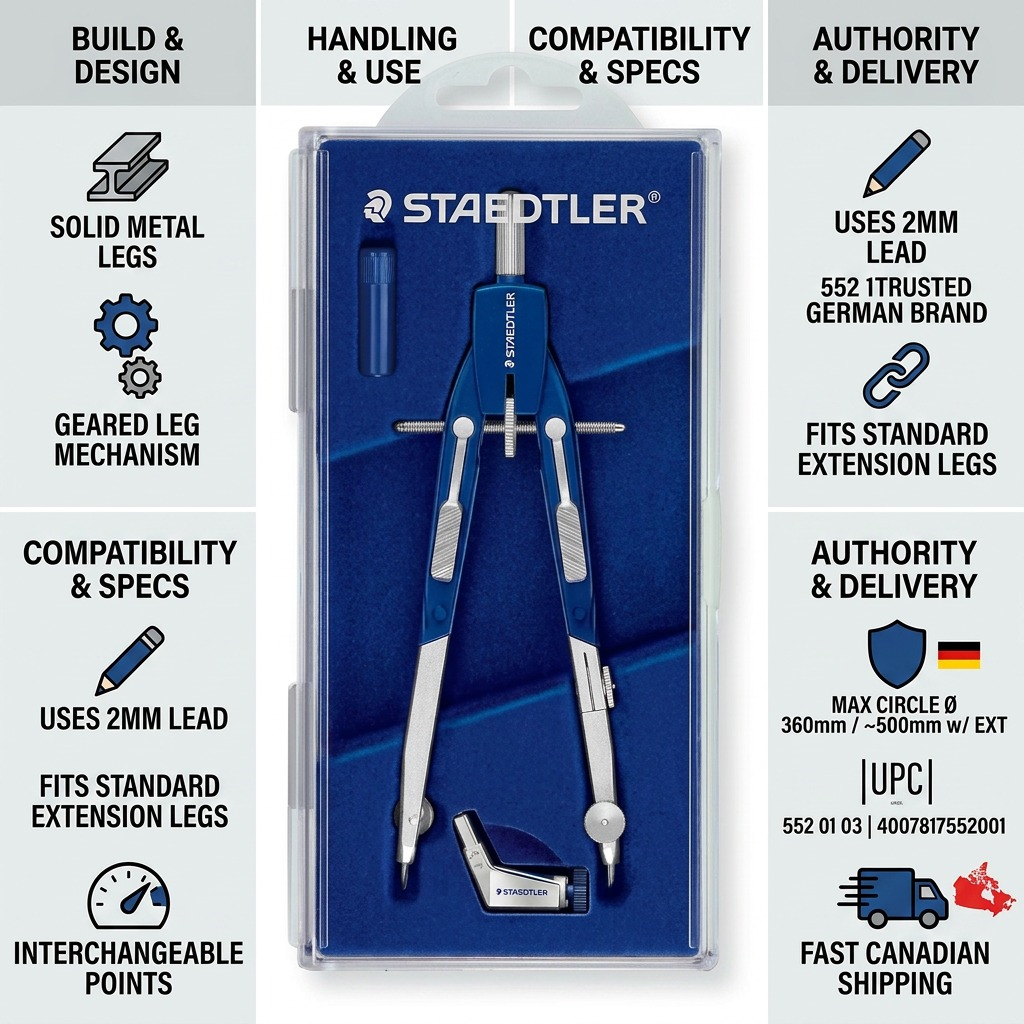 STAEDTLER Mars 552 Comfort – Compas, réf. 552-01-03 — caractéristiques illustrées