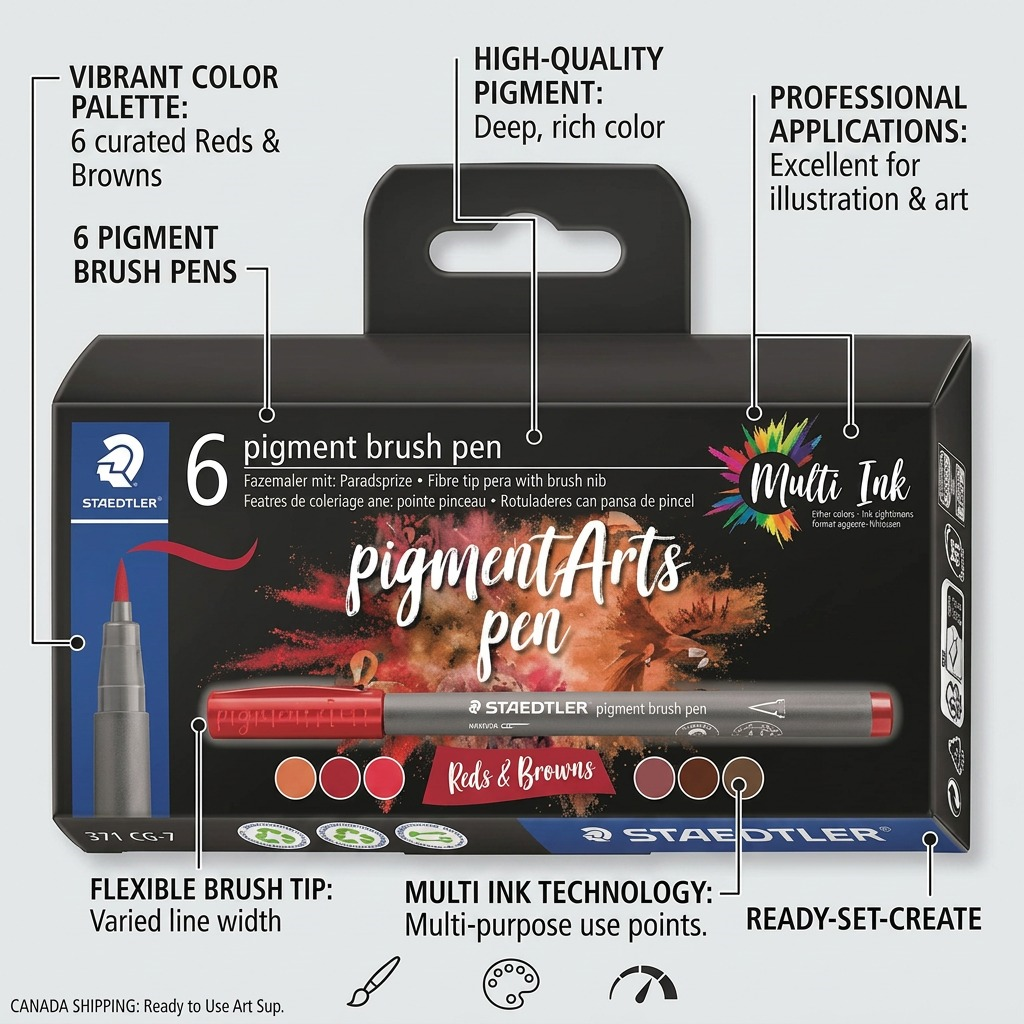 STAEDTLER Pigment Arts Brush – Lot de 6 teintes rouges et brunes, réf. 371-C6-7-10 — présentation des caractéristiques