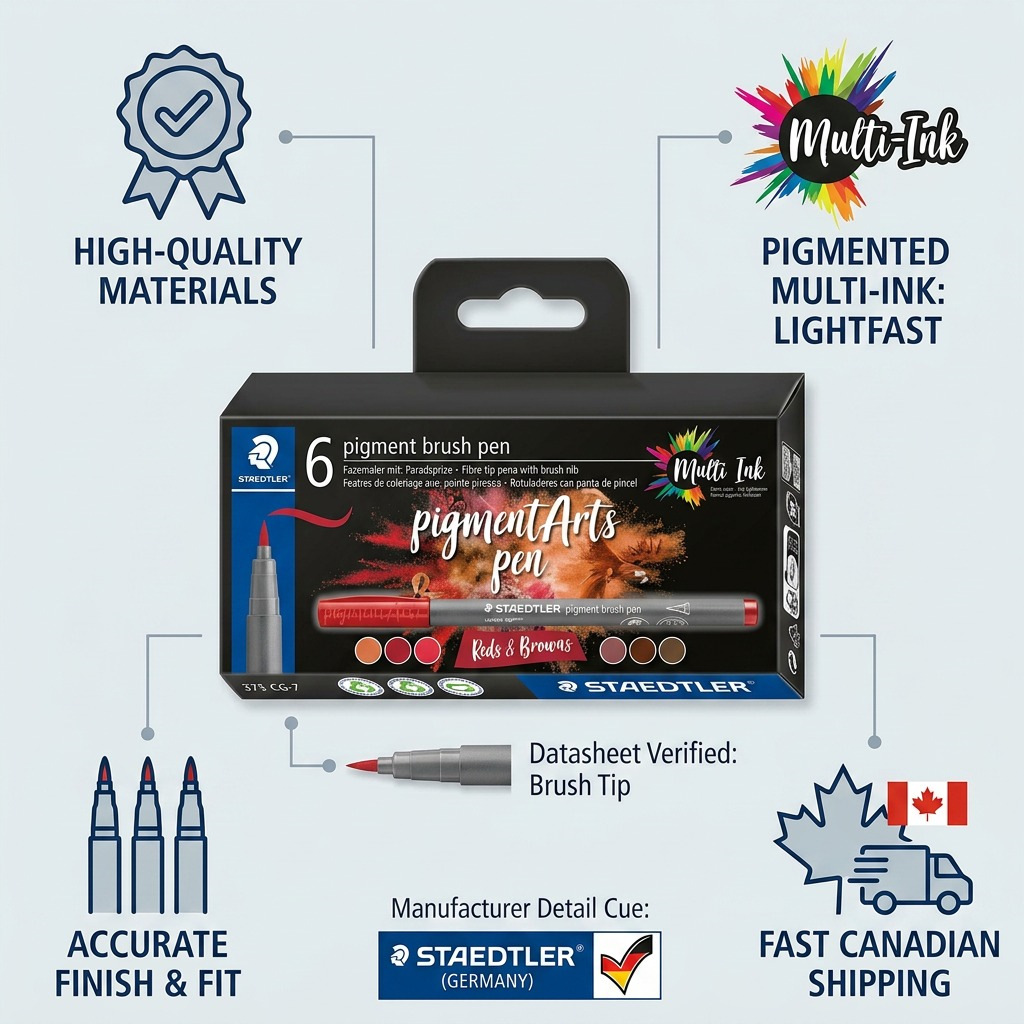STAEDTLER Pigment Arts Brush – Lot de 6 teintes rouges et brunes, réf. 371-C6-7-10 — présentation des caractéristiques