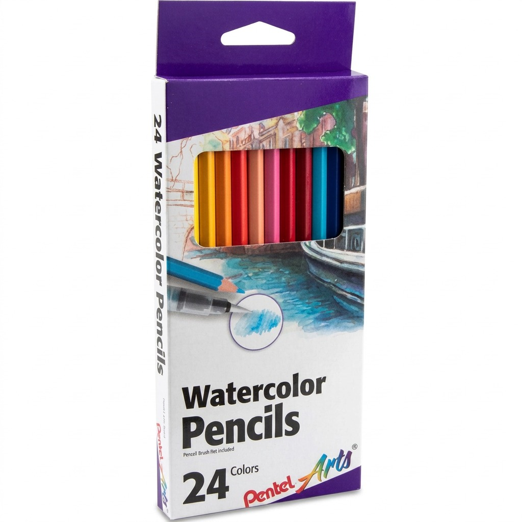 Pentel Arts 24-Pack Watercolor Pencil Set in original purple and white retail box on white background