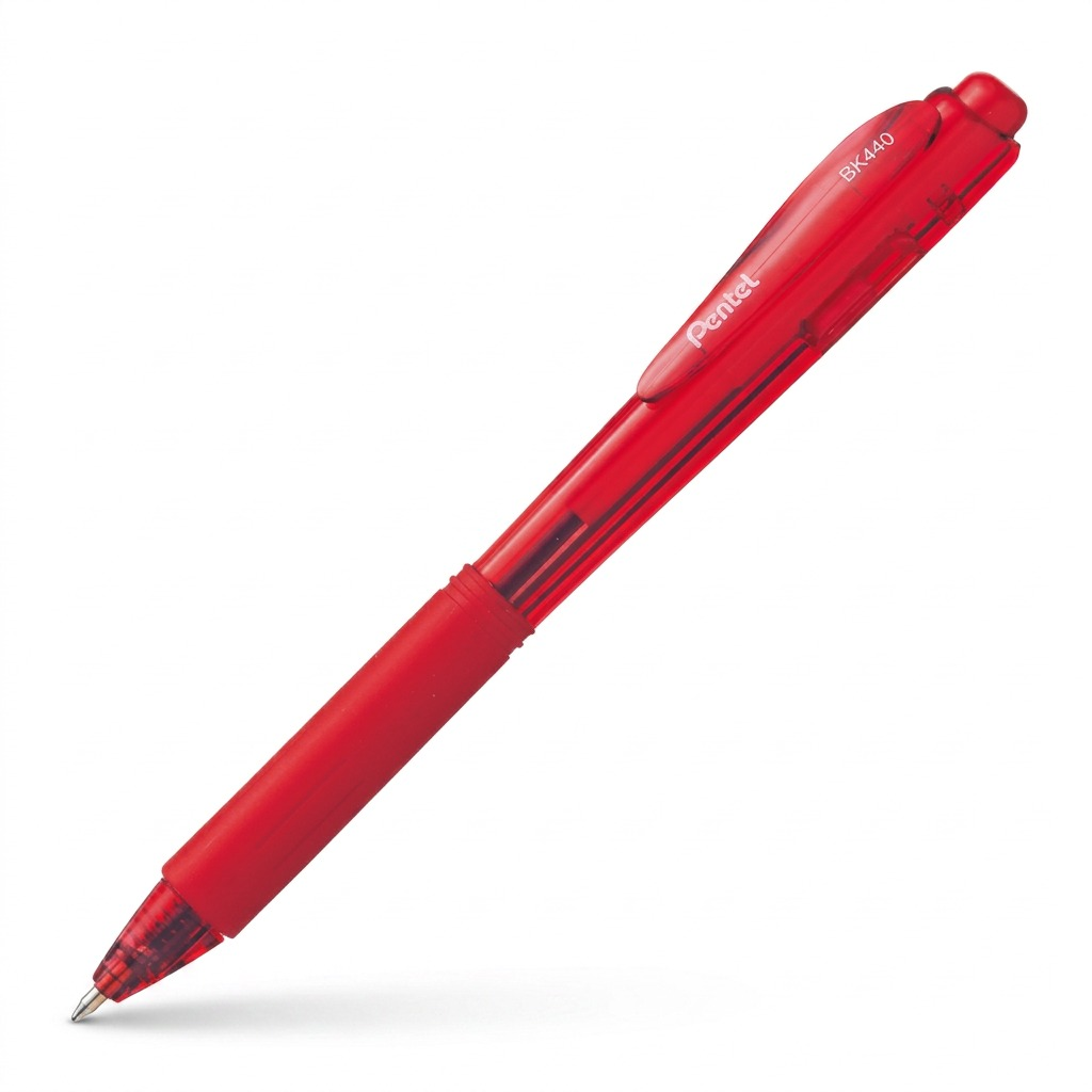 Pentel Wow! Retractable Ballpoint Pen with 1.0mm medium tip, red translucent barrel and comfort grip.