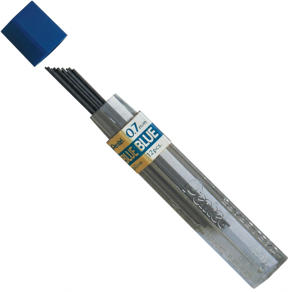 Pure hero shot of the canonical Pentel PPB-7 0.7mm Blue Lead Refill container on a pure white background. The hexagonal tube with all precise labeling details is centered, showing the lead sticks within and the matching blue cap to its side. Crisp, clean product edges and realistic, detailed lighting.
