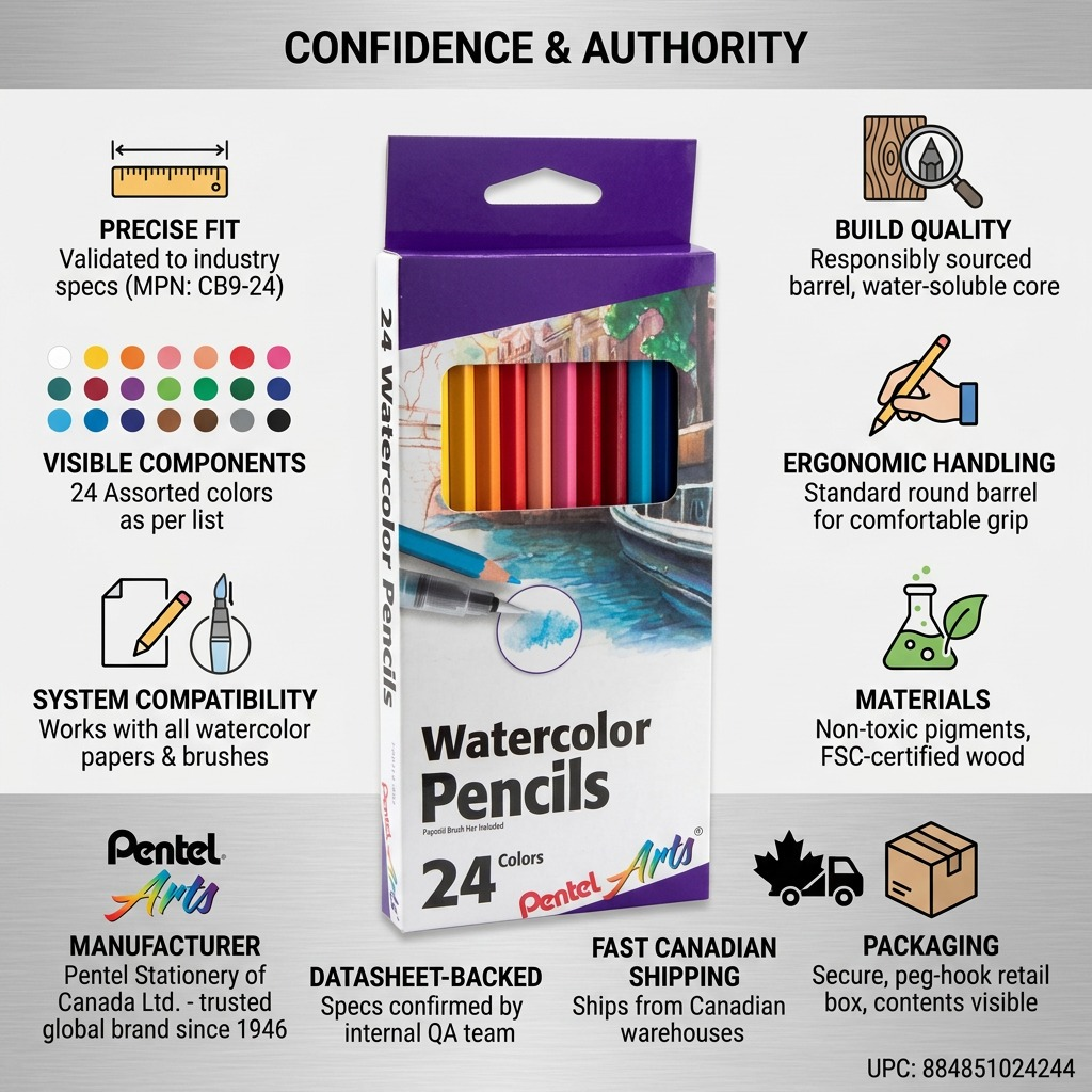 Pentel Arts 24-Pack Watercolor Pencil Set in original purple and white retail box on white background