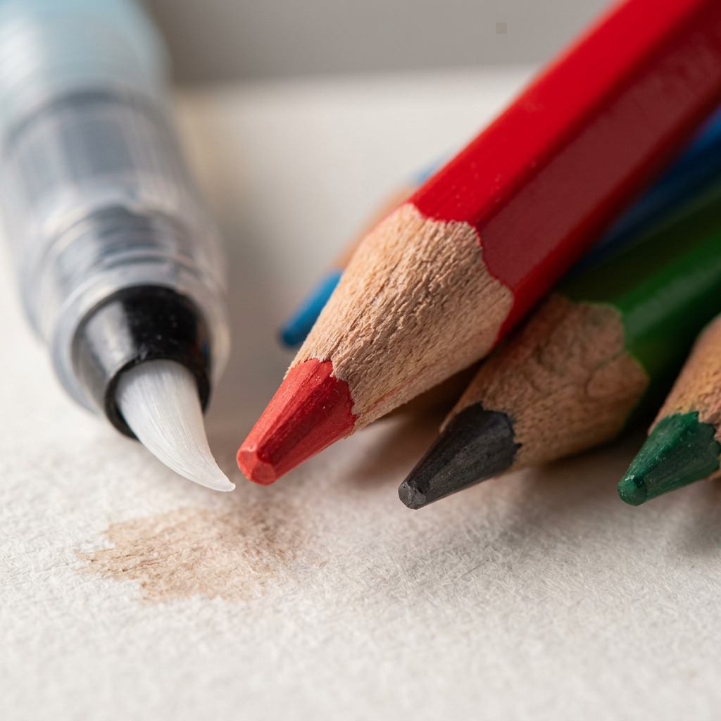 Gros plan des pointes de crayons aquarellables Pentel Arts avec pinceaux à réservoir sur papier texturé.
