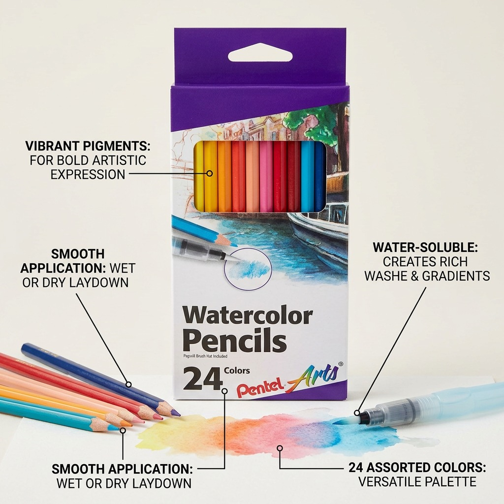 Pentel Arts 24-pack Watercolor Pencils feature callouts for vibrant pigments and water-solubility.