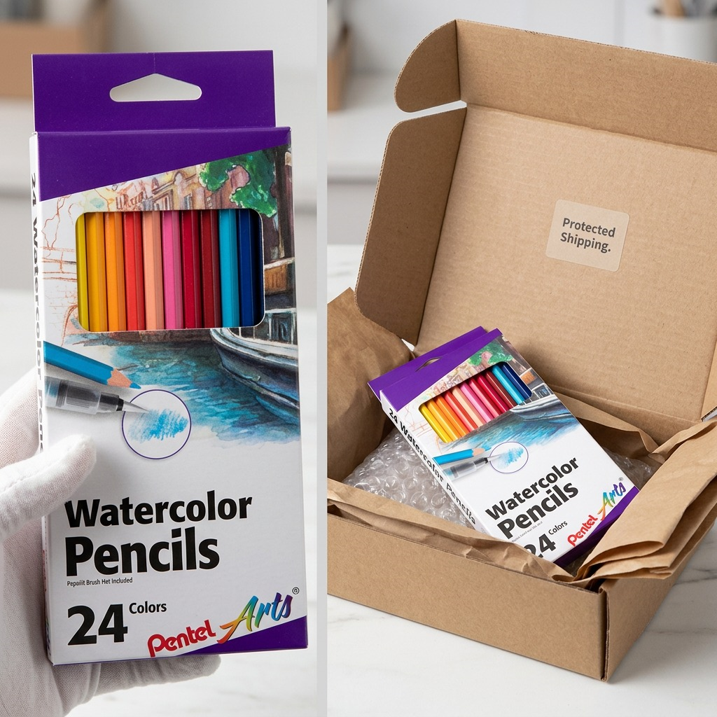 Boîte de 24 crayons aquarellables Pentel Arts présentée avec son emballage d’expédition.