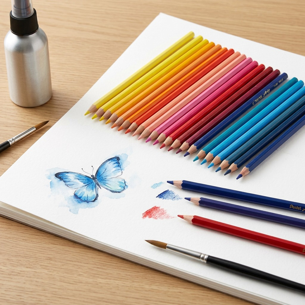 Crayons aquarellables Pentel Arts en 24 couleurs avec dessin de papillon bleu et pinceaux.