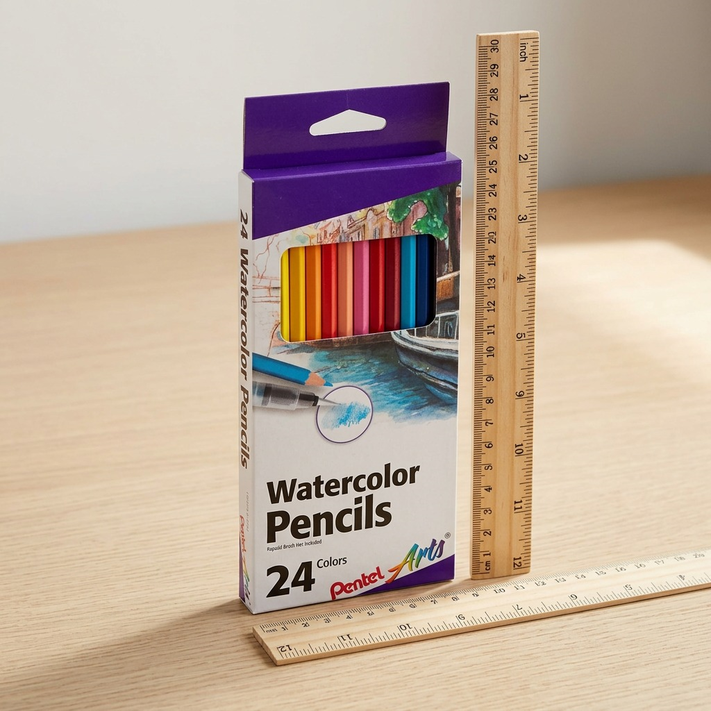 Ensemble Pentel Arts de 24 crayons aquarellables sur un bureau en bois, à côté de règles pour comparer les dimensions.