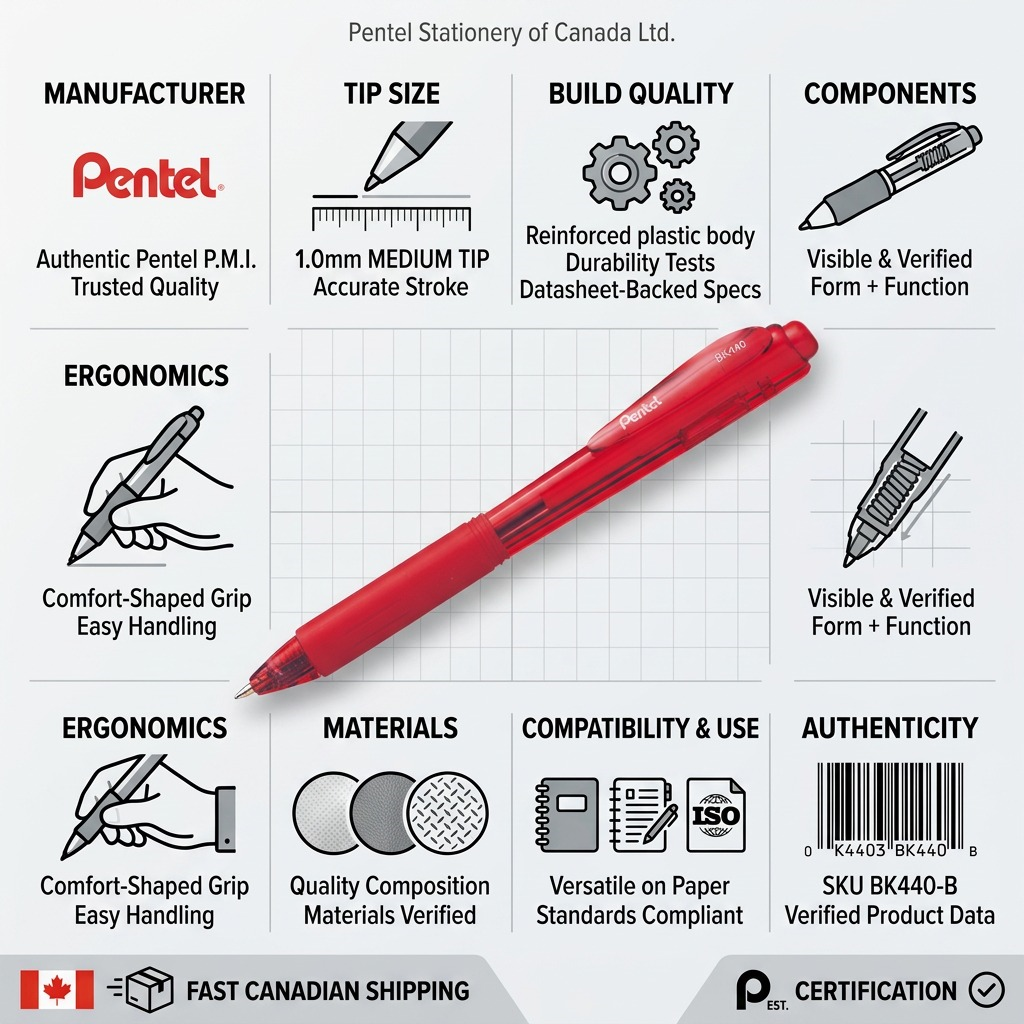 Infographic for Pentel Wow! Red Ballpoint Pen showing 1.0mm tip, ergonomic grip, and build quality.
