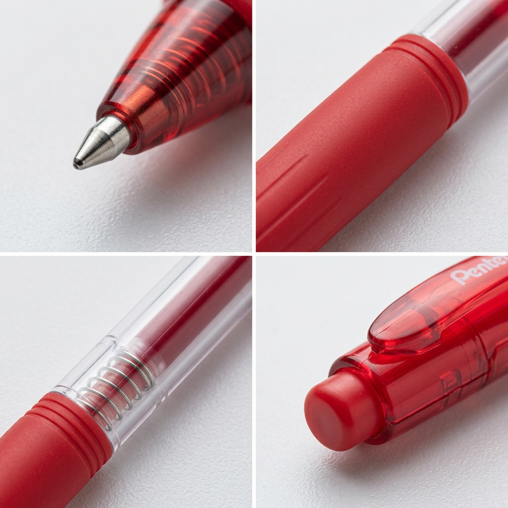 Macro details of the Pentel Wow! pen showing the 1.0mm tip, textured red grip, and plunger button.