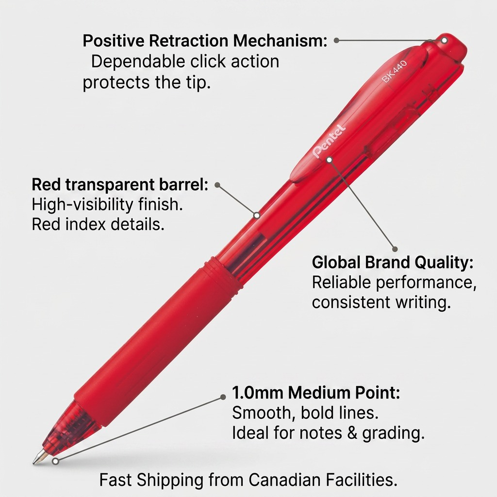 Pentel Wow! Red Retractable Ballpoint Pen feature callout highlighting the 1.0mm medium tip.