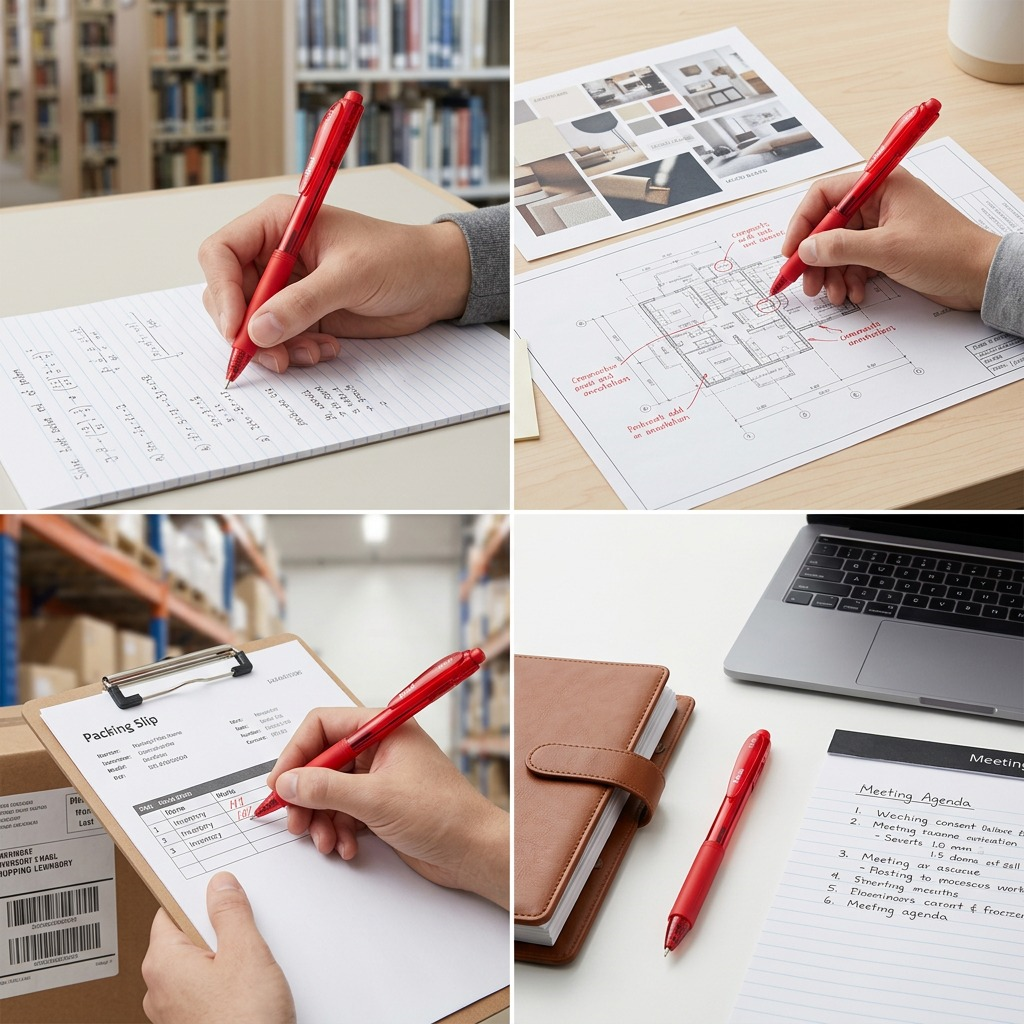 Pentel Wow! Retractable Ballpoint Pen in red ink being used for note-taking and office tasks.