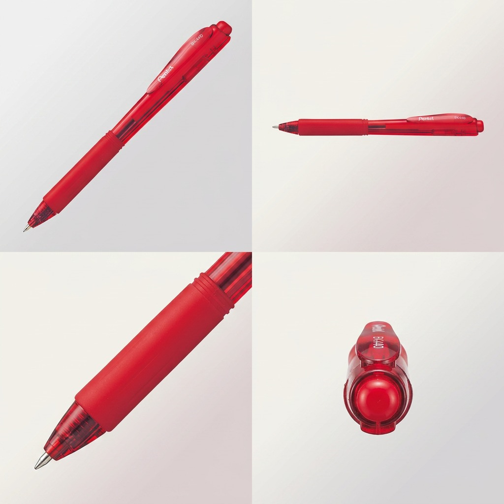 Grid of four views of the red Pentel Wow! Retractable Ballpoint Pen showing various angles.