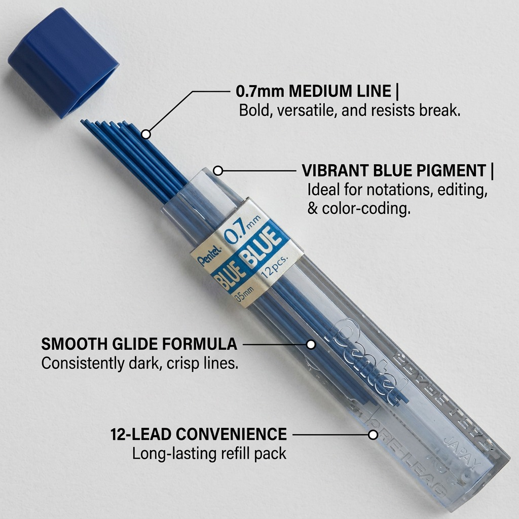 Pure hero shot of the canonical Pentel PPB-7 0.7mm Blue Lead Refill container on a pure white background. The hexagonal tube with all precise labeling details is centered, showing the lead sticks within and the matching blue cap to its side. Crisp, clean product edges and realistic, detailed lighting.