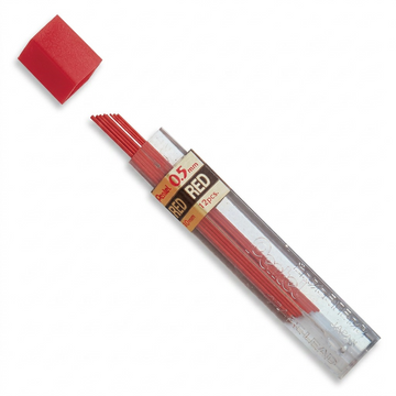 High-resolution hero shot of Pentel PPR-5 0.5mm red mechanical pencil refill leads in their clear tube, on a pure white background.