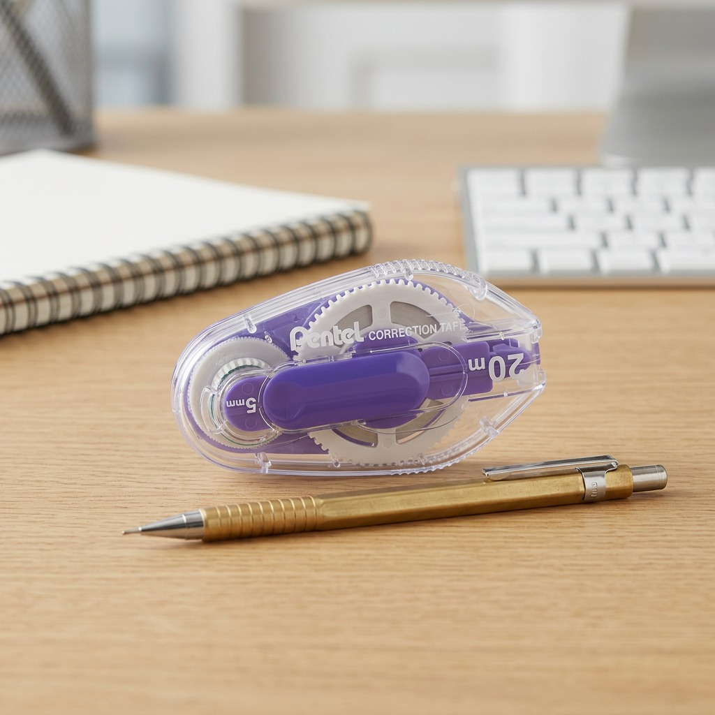 Pentel retractable correction tape, 5mm x 20M, featuring a clear casing and blue internal roller.