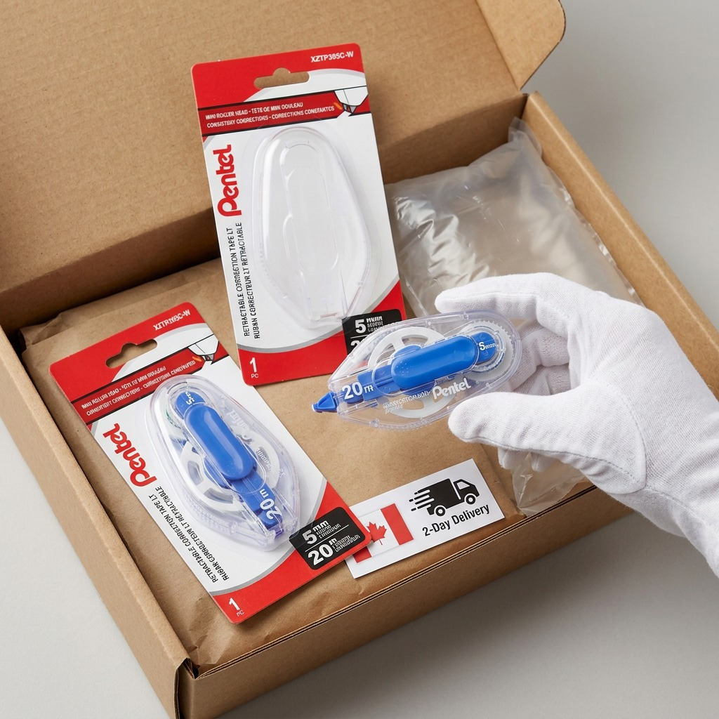 Unboxing Pentel Retractable Correction Tape from a shipping box with protective air cushioning.