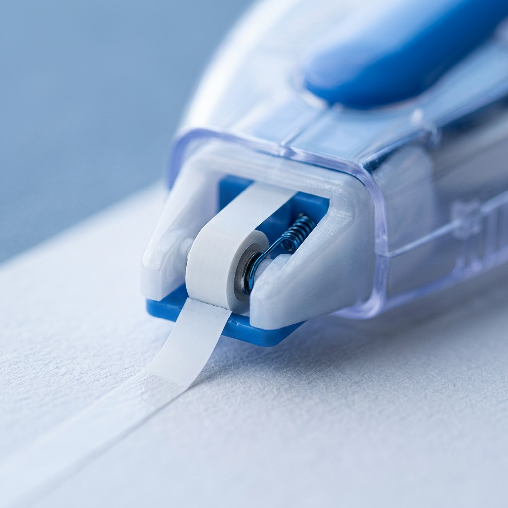 Macro detail of the Pentel retractable correction tape mini-roller applying white tape to paper.