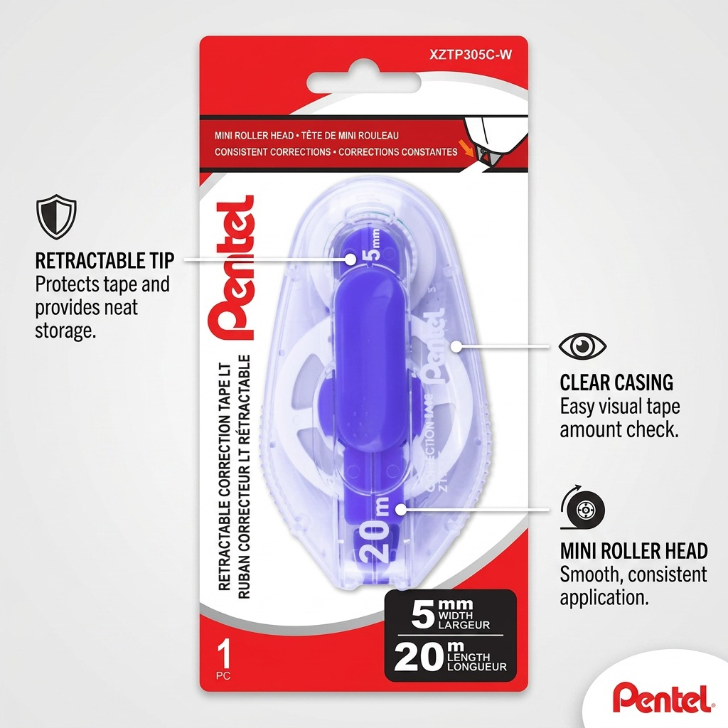 Pentel Retractable Correction Tape feature graphic highlighting retractable tip and 20m mini roller head.
