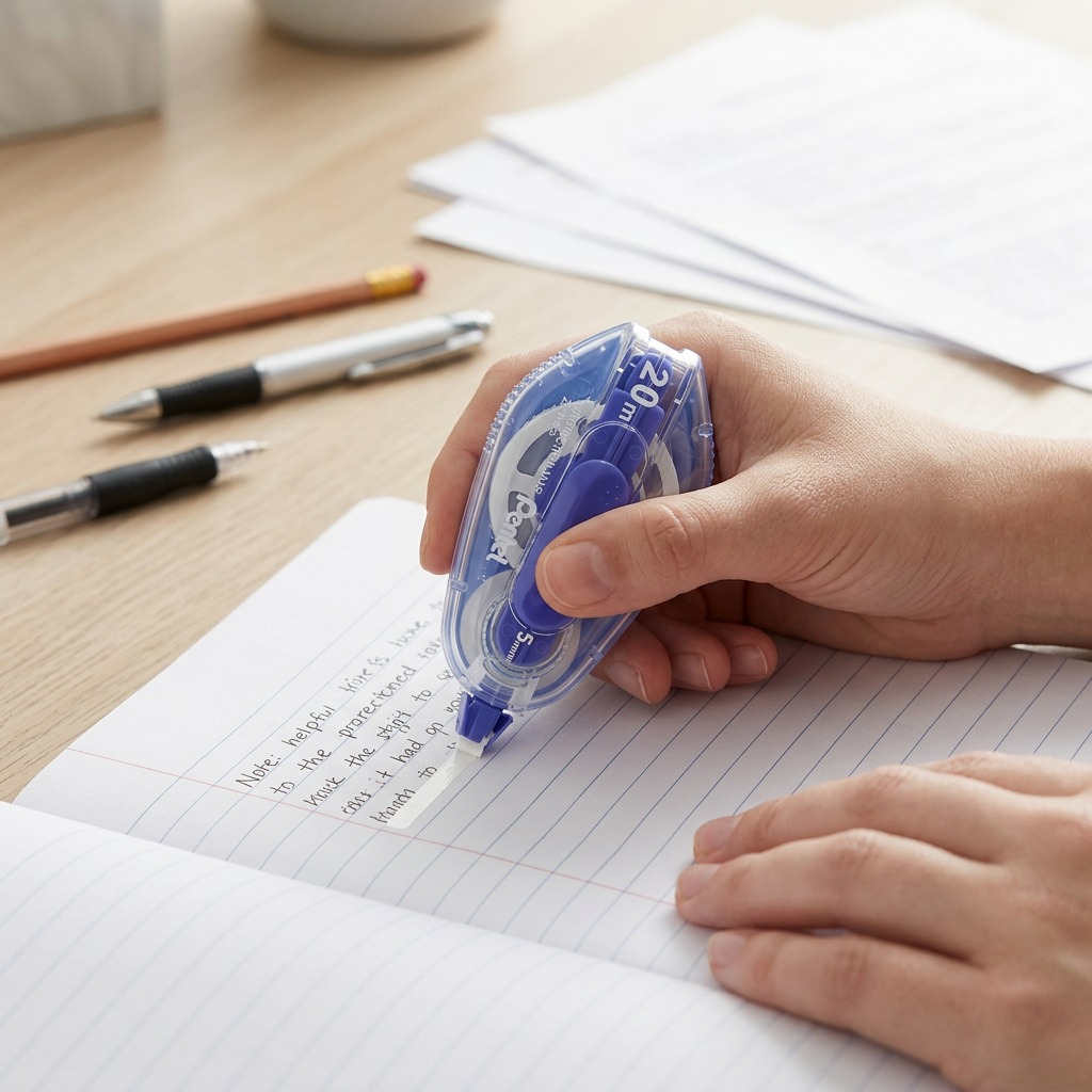 Person using a blue Pentel retractable 20M correction tape roller on a lined paper notebook.