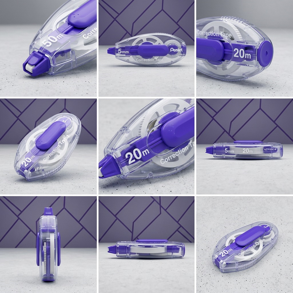 Grid of Pentel Retractable Correction Tape showing the 20m high-capacity roller from multiple angles.