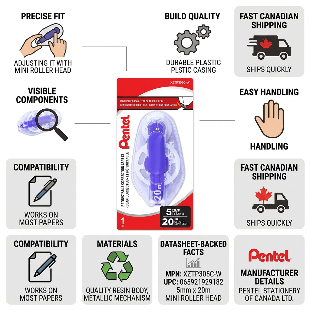 Pentel Retractable Correction Tape infographic highlighting 20M length, 5mm width, and fast Canadian shipping.