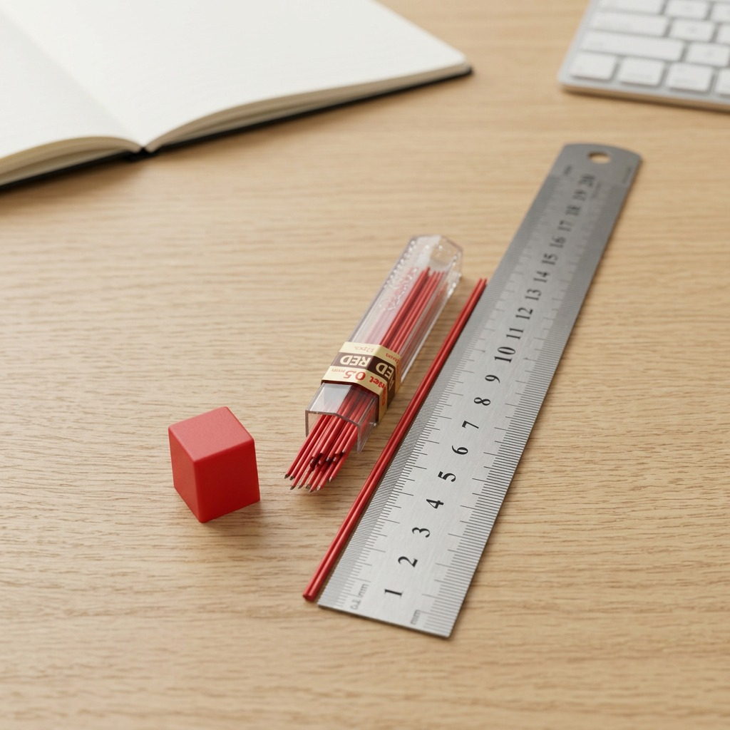 High-resolution hero shot of Pentel PPR-5 0.5mm red mechanical pencil refill leads in their clear tube, on a pure white background.