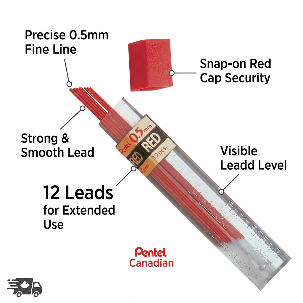 Pentel 0.5mm red refill lead tube with feature callouts and Canadian shipping info.