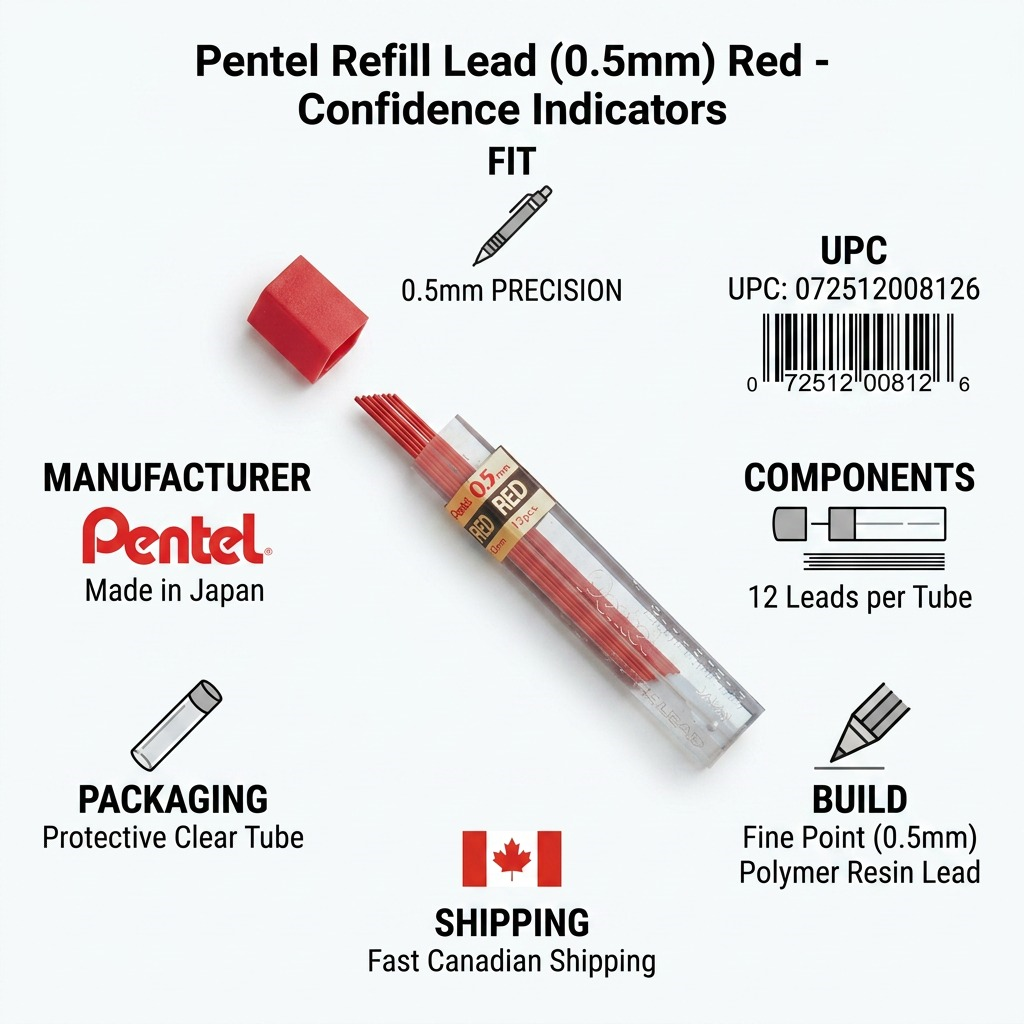 Pentel Refill Lead (0.5mm) Red product overview infographic with key specs, made in Japan, shipping details, UPC code and precision cues.