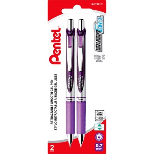 EnerGel – Retractable gel pens, 0.7 mm metal tip, purple ink, pack of 2