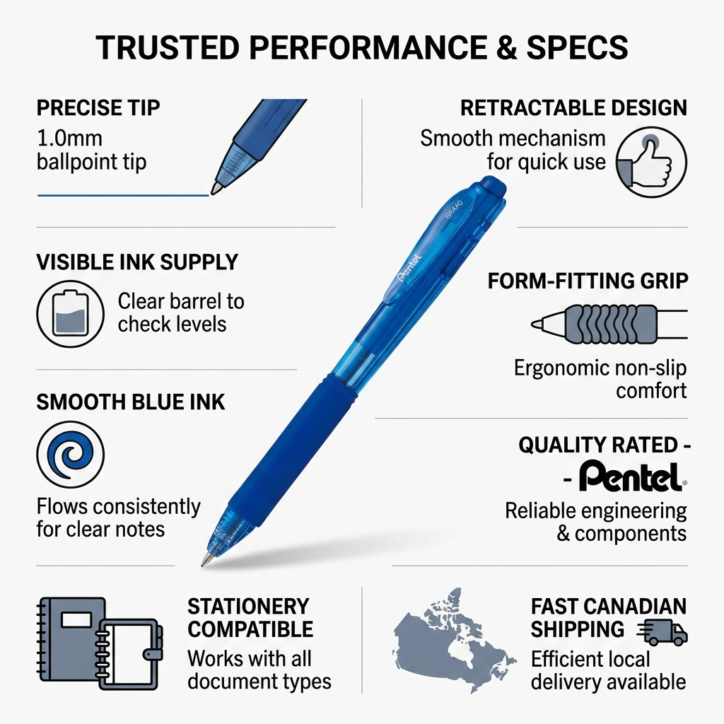 Pentel Wow! blue ballpoint pen infographic showing 1.0mm tip, ergonomic grip, and clear barrel.