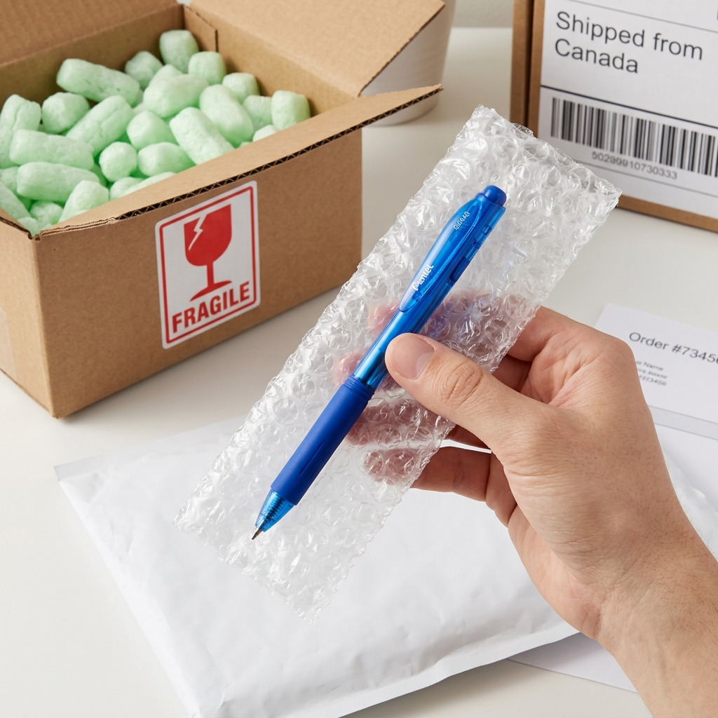 A hand unboxing a blue Pentel Wow! retractable pen protected by bubble wrap and foam peanuts.