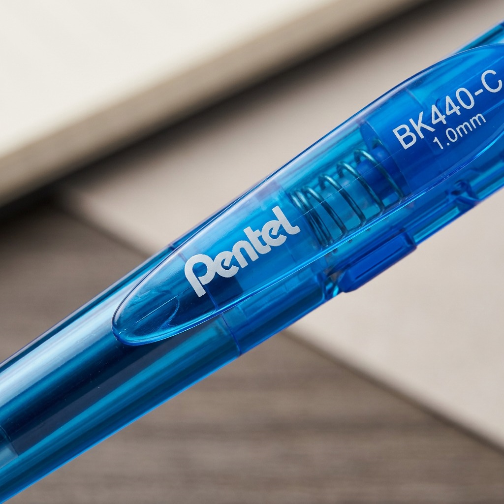 Macro view of blue Pentel Wow! retractable pen barrel showing internal spring and 1.0mm model info.