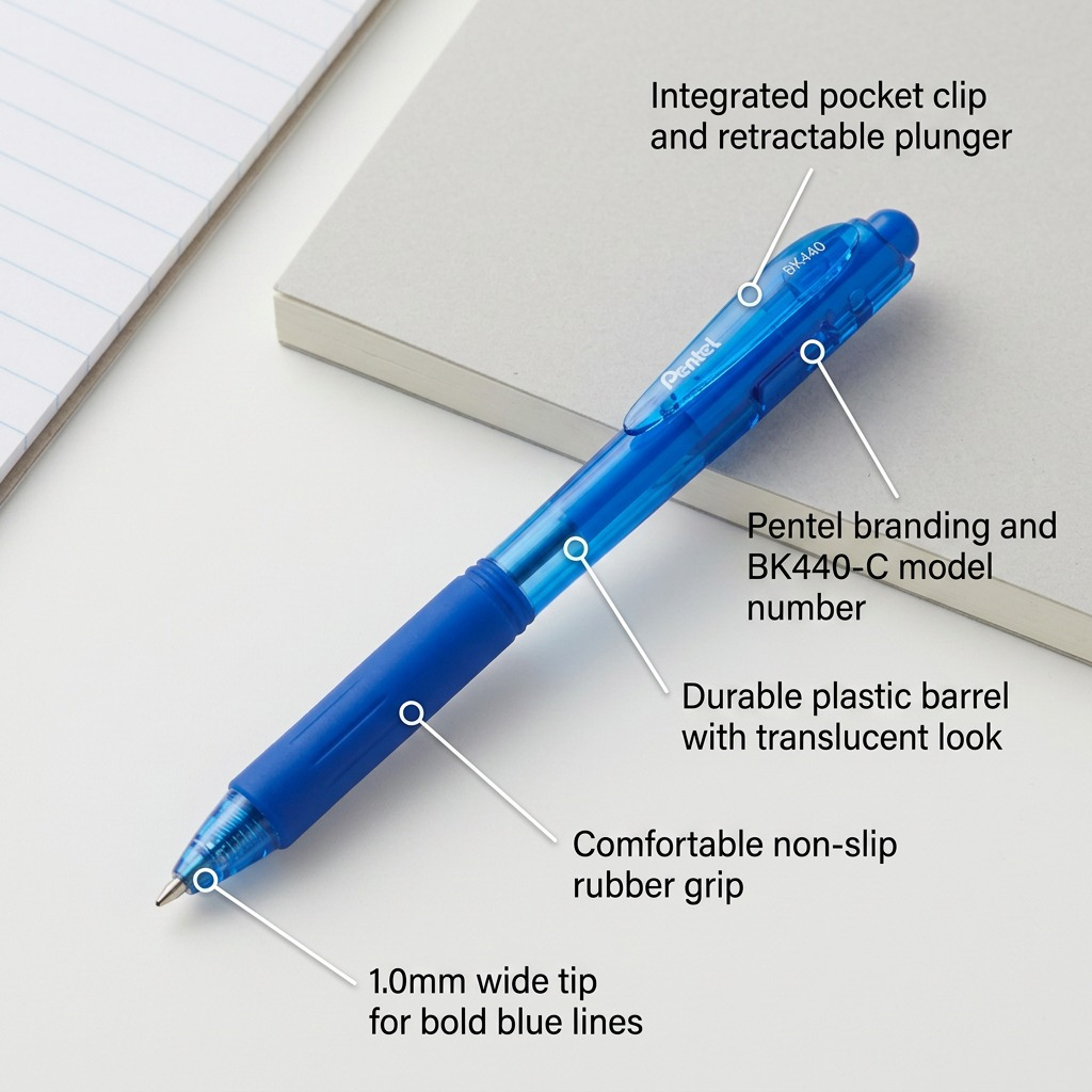 Pentel Wow! blue ballpoint pen graphic highlighting the 1.0mm tip, rubber grip, and pocket clip.