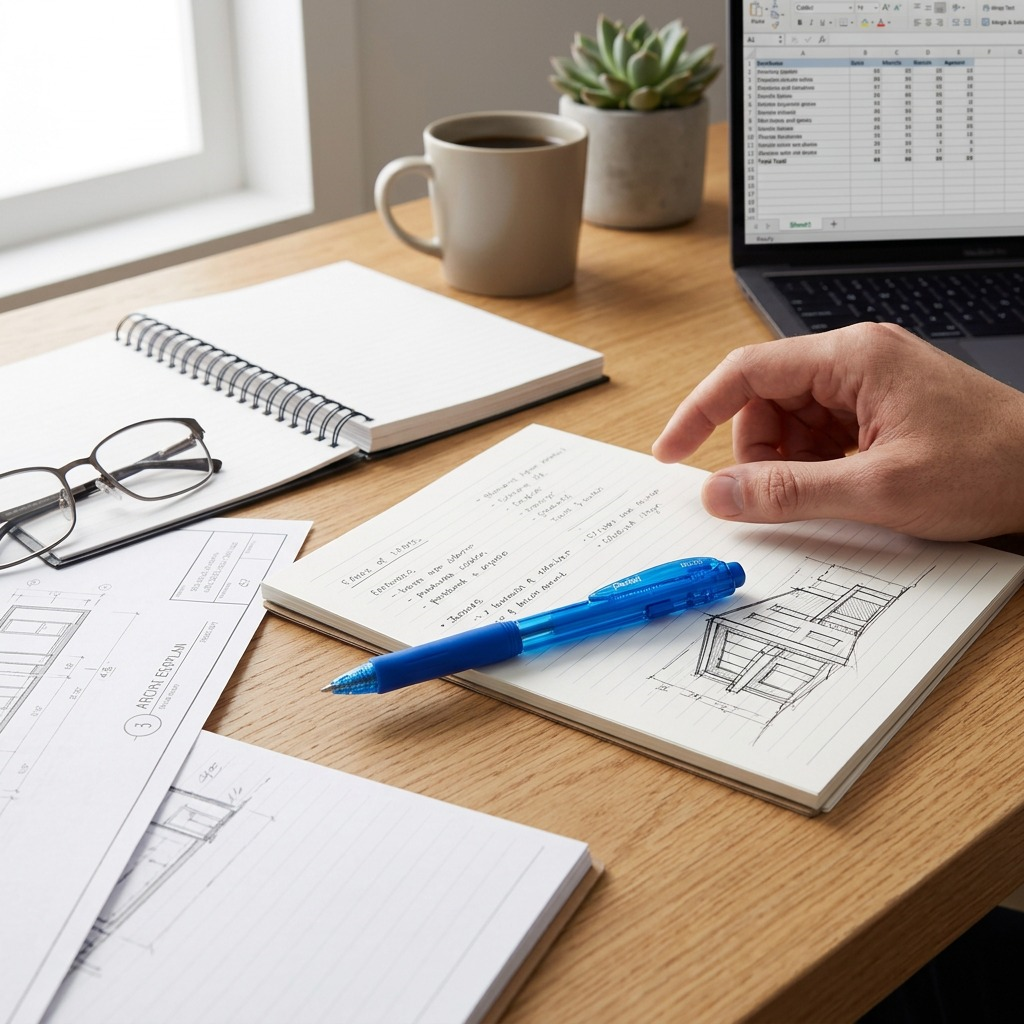 Pentel Wow! retractable blue ink pen on a notepad in a desk setting with a laptop and coffee mug.