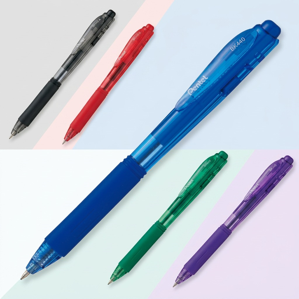 Grid of Pentel Wow! retractable ballpoint pens showing black, red, blue, green, and purple barrels.