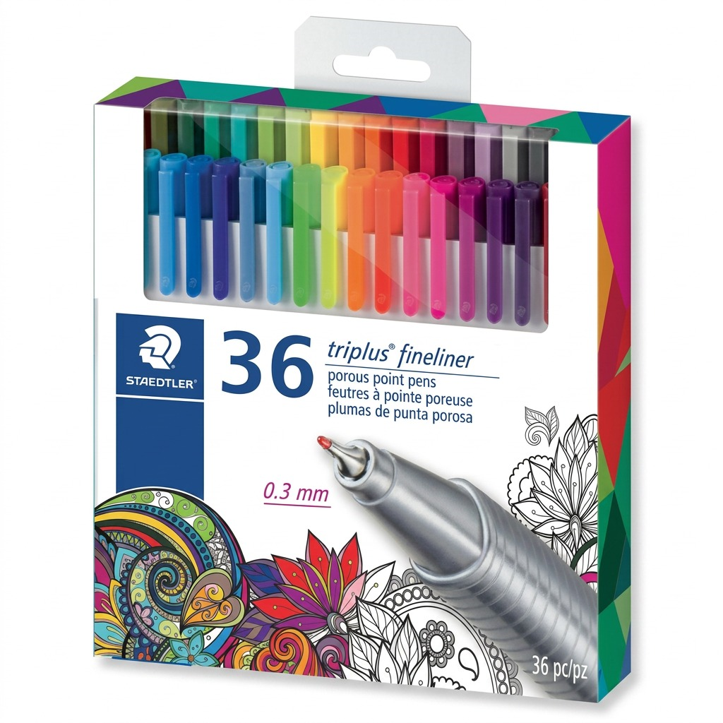 STAEDTLER triplus fineliner – Lot de 36 fineliners 0,3 mm, réf. 334-C36-LU02 — vue sur fond clair