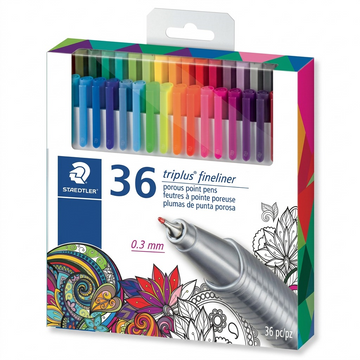 STAEDTLER triplus fineliner – Lot de 36 fineliners 0,3 mm, réf. 334-C36-LU02 — vue sur fond clair