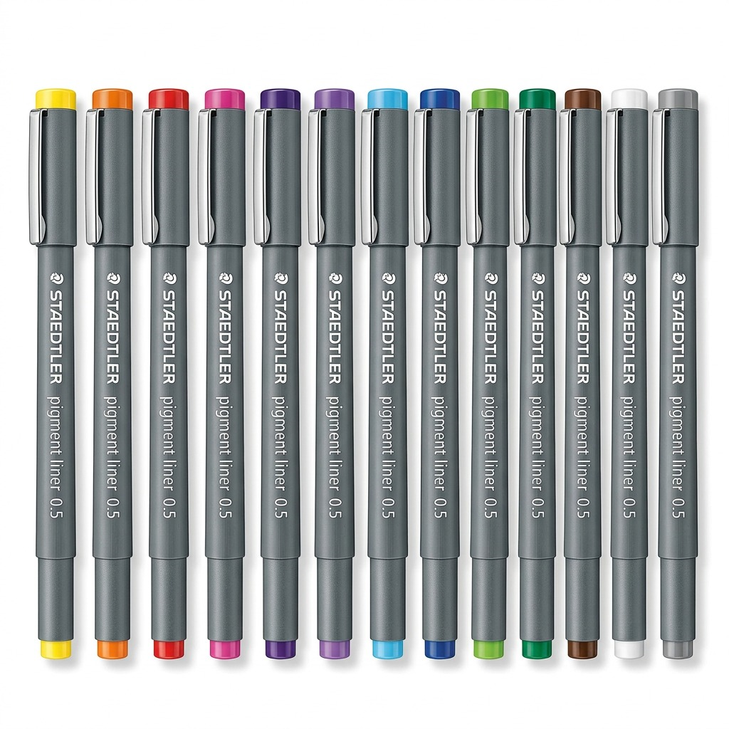 STAEDTLER Pigment Liner – fineliners 0,5 mm, couleurs assorties, réf. 308SBK12A6 — présentation de l’ensemble et de l’emballage