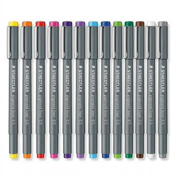 STAEDTLER Pigment Liner – fineliners 0,5 mm, couleurs assorties, réf. 308SBK12A6 — présentation de l’ensemble et de l’emballage