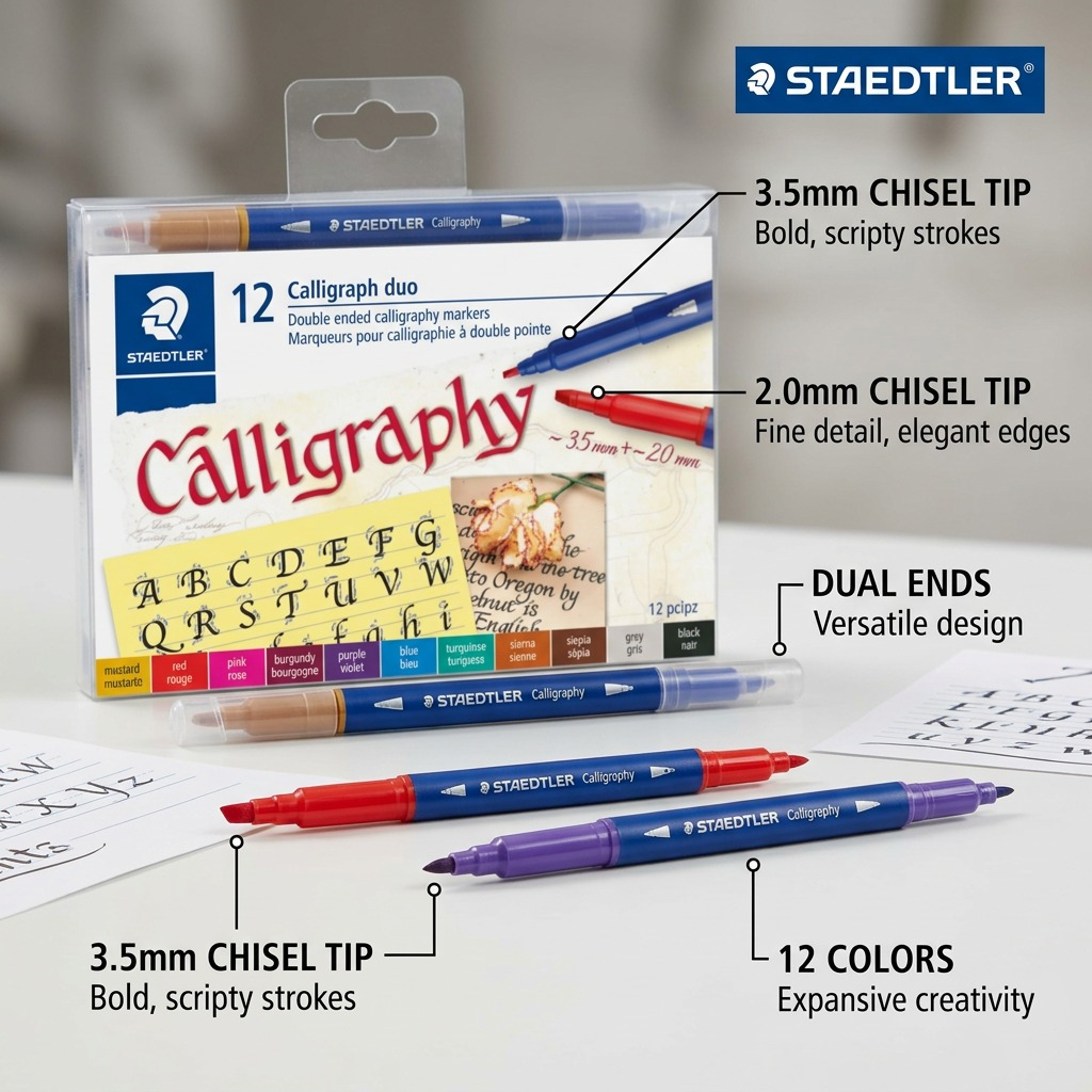 STAEDTLER Calligraph Duo – 12 marqueurs à double pointe, réf. 3005TB12A6 — gros plan des détails