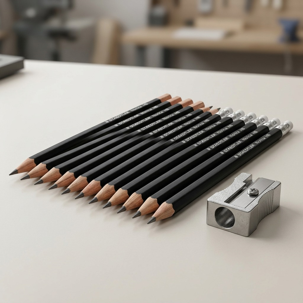 A high-resolution product shot of 24 black STAEDTLER Norica HB wood-cased pencils with erasers.